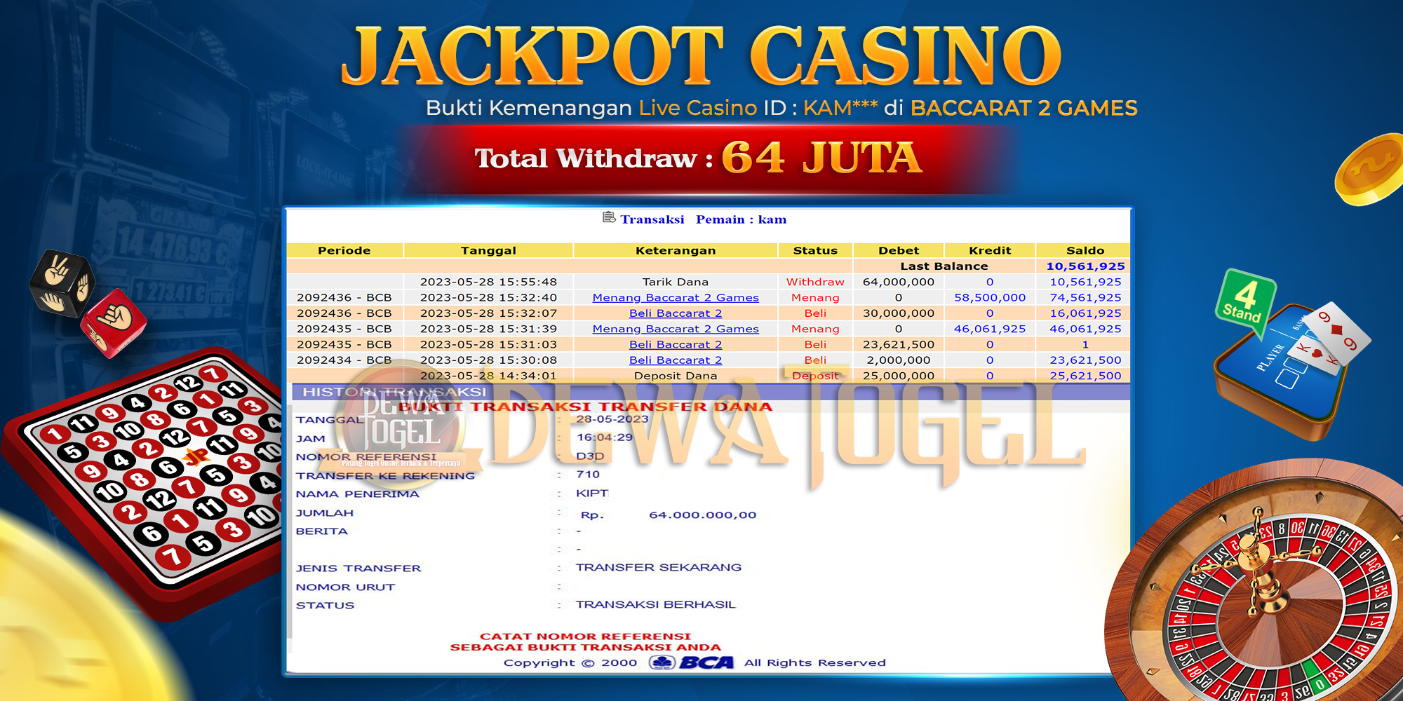 DEWATOGEL JACKPOT LIVE CASINO di GAME BACCARAT 2 Rp 64.000.000 ,-LUNAS - Bukti Jackpot DEWATOGEL